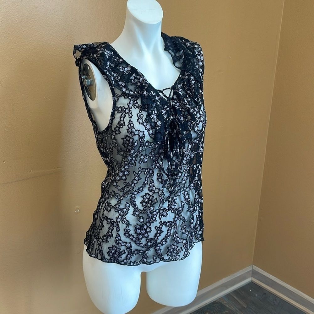 Trilogy black lace see through tank top blouse with ties in the front Size XL